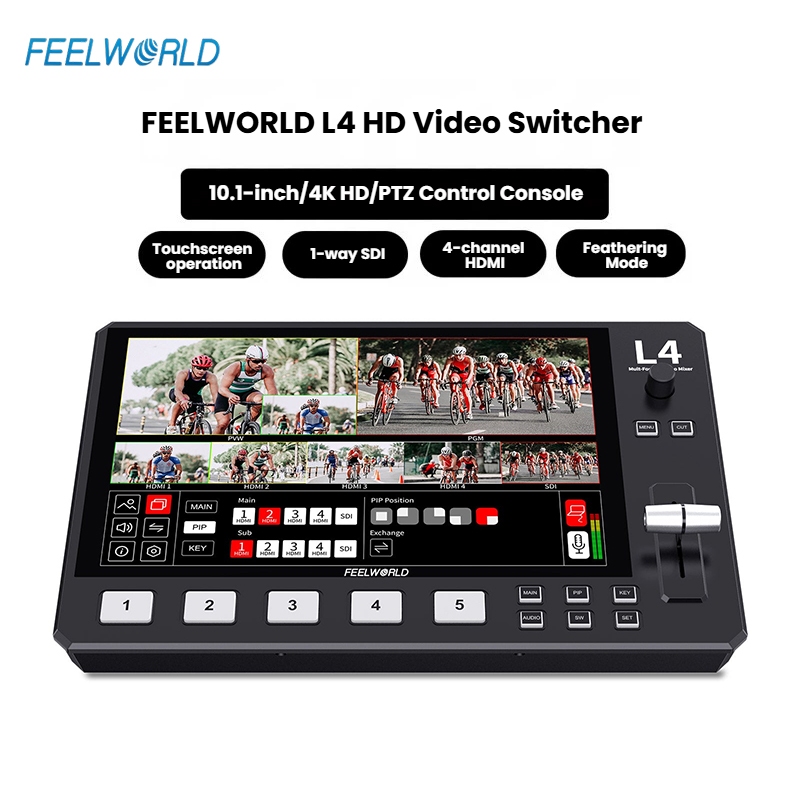 FEELWORLD L4 สวิตช์มิกเซอร์วิดีโอหลายกล้อง 10.1 "หน้าจอสัมผัส USB3.0 สตรีมมิ่งอย่างรวดเร็ว