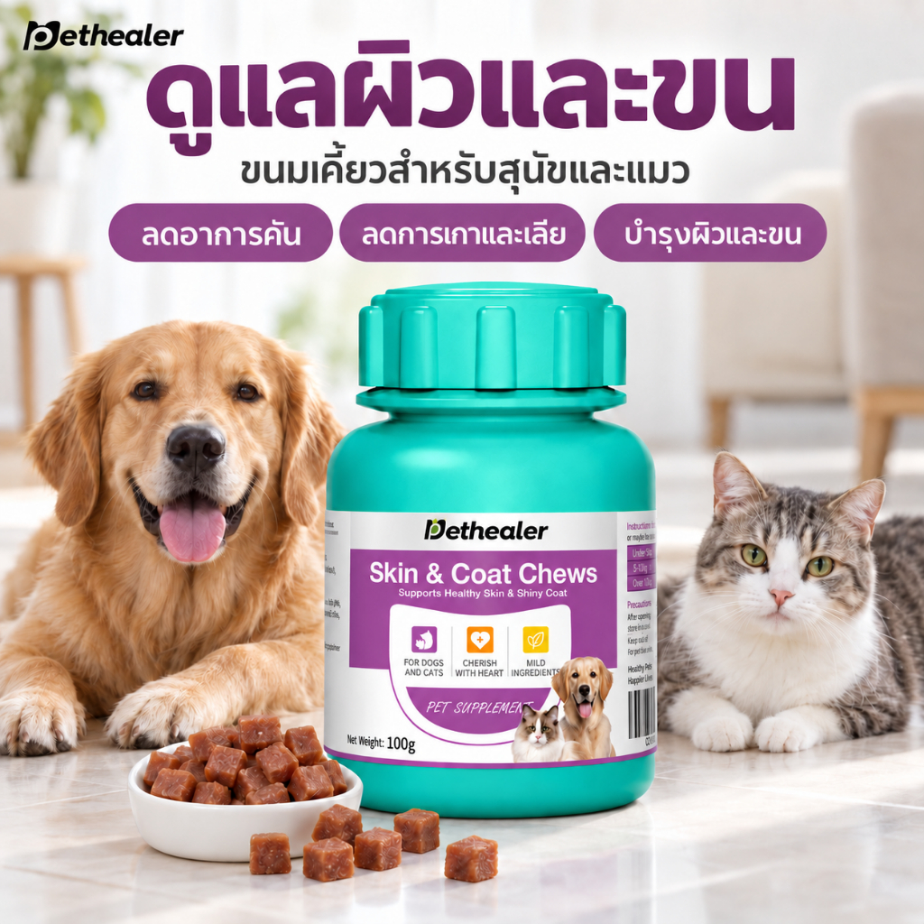 PETHEALER Skin & Coat Chews 100g ขนมเคี้ยวบำรุงผิวและขน สำหรับสุนัขและแมว ลดการเกา เลียอุ้งเท้า ขนร่วง กินง่าย