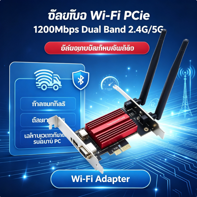 การ์ด Wi-Fi PCIe 1200Mbps Dual Band 2.4G/5G พร้อมบลูทูธในตัว ความเร็วสูง สำหรับคอมพิวเตอร์ PC สัญญาณเสถียร