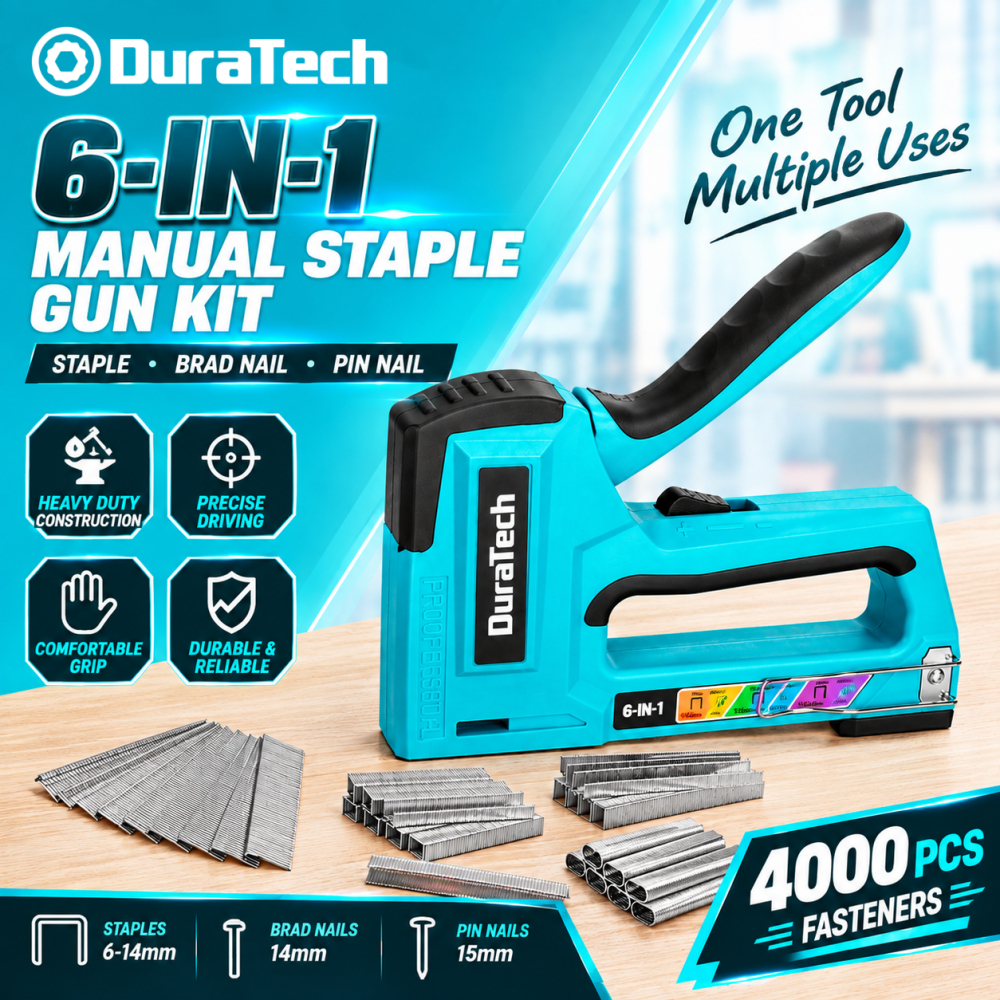 DURATECH 6 IN 1 Heavy Duty Staple Gun 4000 Nails เครื่องยิงบอร์ด ยิงสูงสุด ยิงบอร์ด ไม้อัด เครื่องเย็บกระดาษอุตสาหกรรม เหมาะสําหรับ 6 ประเภท Staples