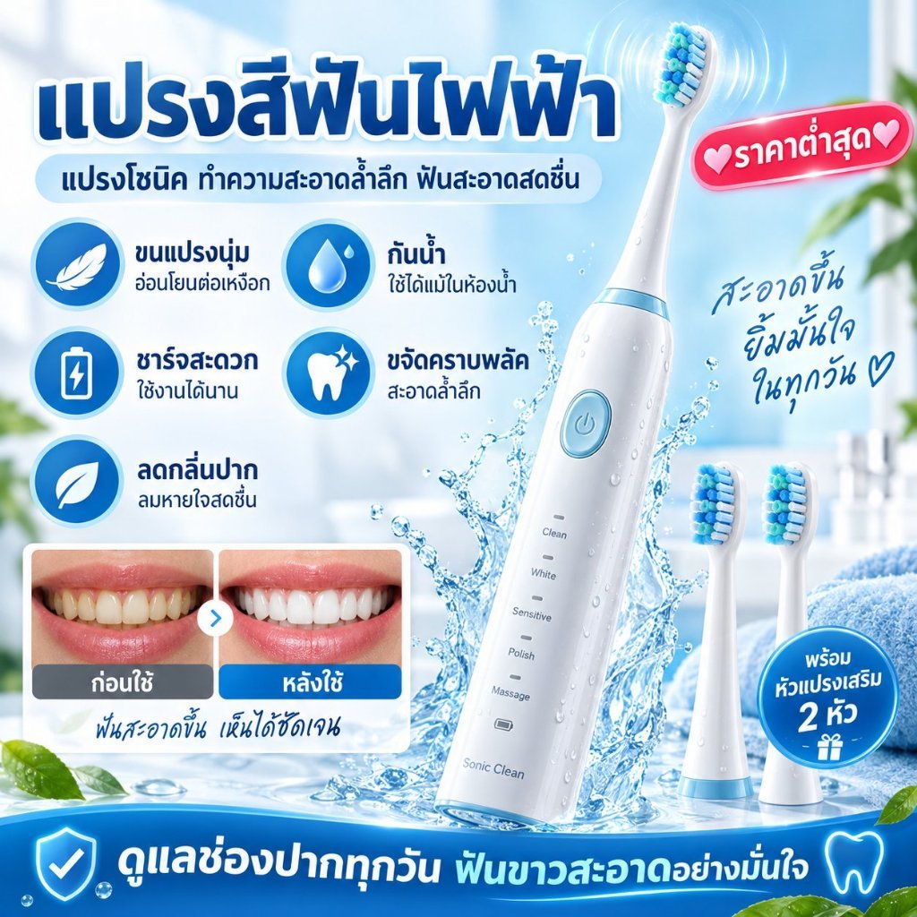 💕ราคาต่ำสุด💕แปรงสีฟันไฟฟ้า แปรงสีฟันโซนิค อุปกรณ์ดูแลช่องปาก ทำความสะอาดล้ำลึก ขนแปรงนุ่ม ฟันขาวสะอาด กันน้ำ ชาร์จไฟสะดวก ขจัดคราบพลัคขจัดกลิ่นปาก