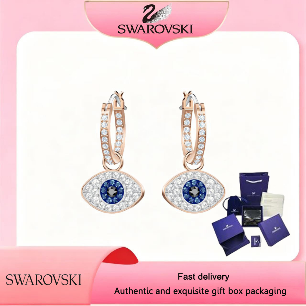 Swarovski (ใหม่)Fashionwomensearrings Rose Gold พลอยคริสตัลหลากสีทูโทน Evil Eye Hoop ต่างหูเจาะของขวัญวันวาเลนไทน์ของขวัญวันเกิด