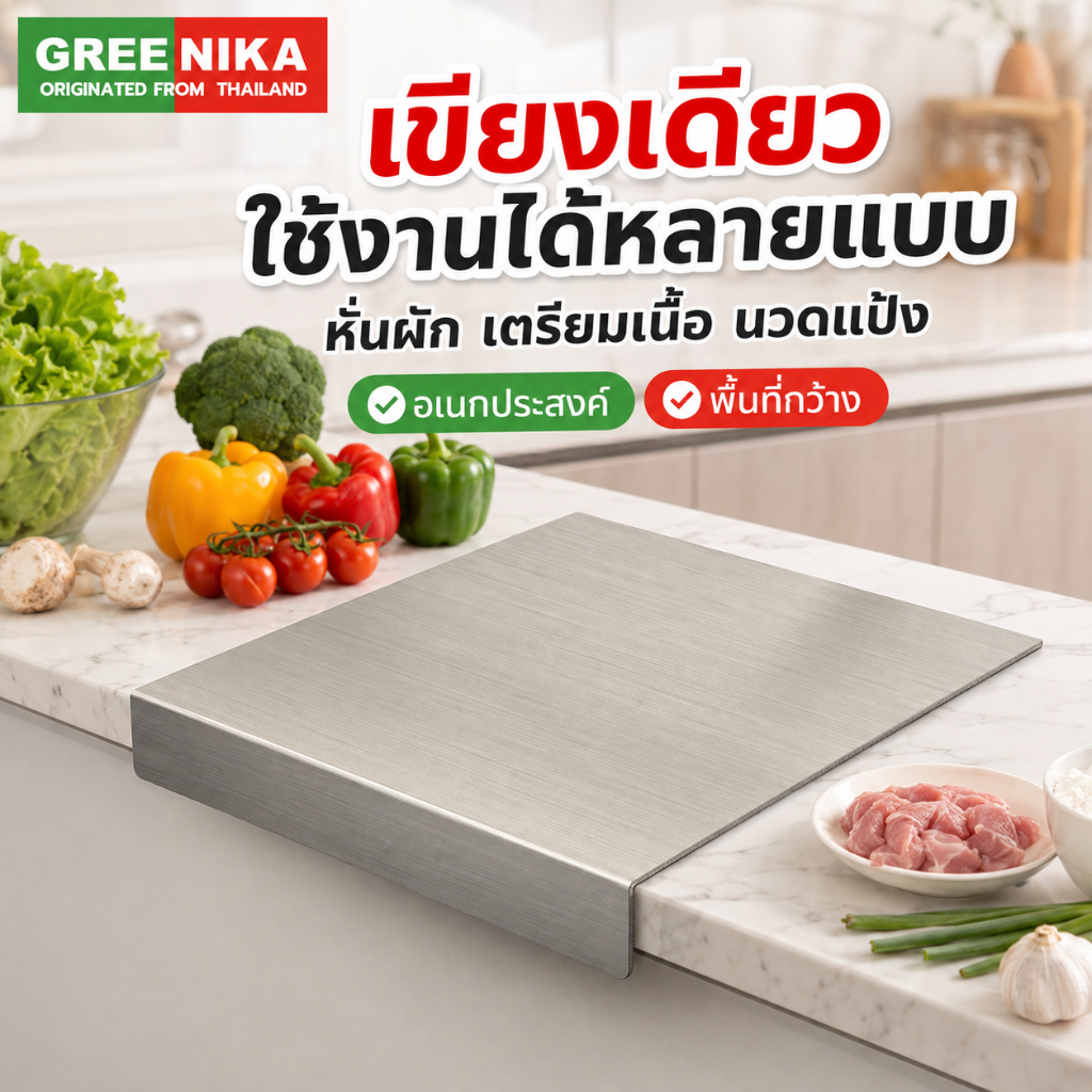 GREENIKA เขียงสแตนเลส 304 ทำความสะอาดง่าย เขียงหั่นผัก เกรดอาหาร ขอบพับตัว L เขียงทำครัว กันลื่น ไม่ขึ้นรา มีหลายขนาด