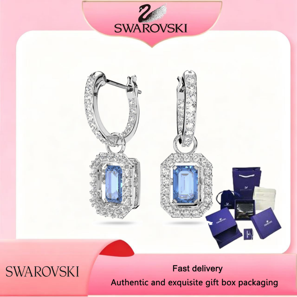 Swarovski (ใหม่)Fashionwomensearrings S925sterling silvers แปดเหลี่ยมตัด Swarovski Zirconia พลอยคริสตัลสีฟ้า Millenia ต่างหูของขวัญวันวาเลนไทน์ของขวัญวันเกิด