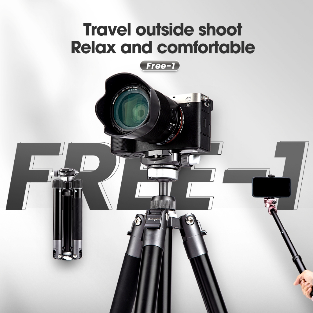 Fotopro FREE-1 ขาตั้งกล้องแบบพกพาสําหรับ DSLR และสมาร์ทโฟน, สําหรับถ่ายภาพ, สตรีมมิ่งสดและ Vlogging