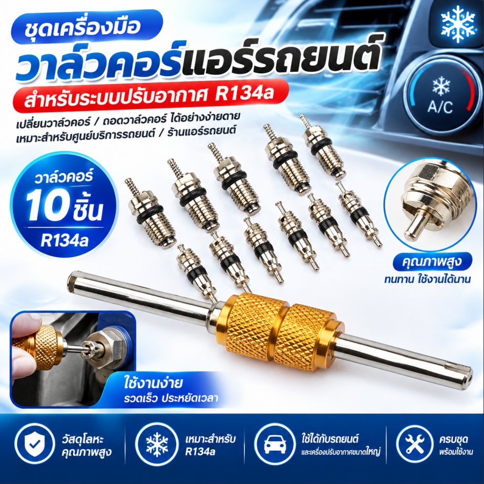 Nex-t 9 ชิ้น R134a ยานยนต์เครื่องปรับอากาศวาล์ว Core + 1 ชิ้น Remover เครื่องมือสําหรับ A/C ระบบ Mal