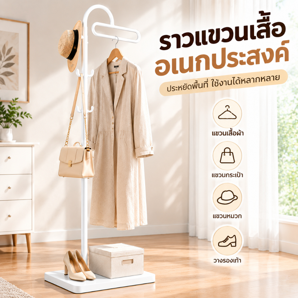 ราวแขวนเสื้อผ้าแบบตั้งพื้น เหล็กหนา แข็งแรง ราวแขวนเสื้อพร้อมที่แขวนหมวกและกระเป๋า ดีไซน์มินิมอล สำหรับห้องนอน ห้องแต่งตัว
