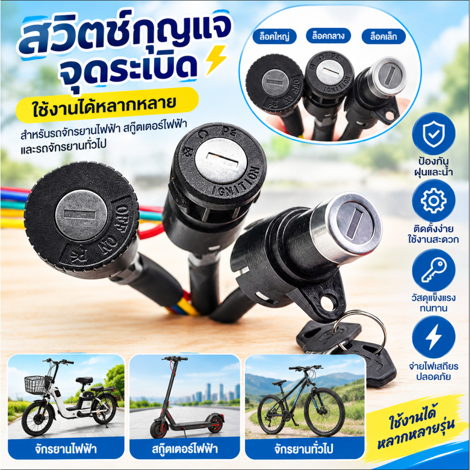 Nex-t สวิตช์จุดระเบิด Key Power Lo Universal จักรยานไฟฟ้าขี่จักรยานแบบพกพากันฝุ่นชิ้นส่วนขี่จักรยานสําหรับสกู๊ตเตอร์ไฟฟ้า COD