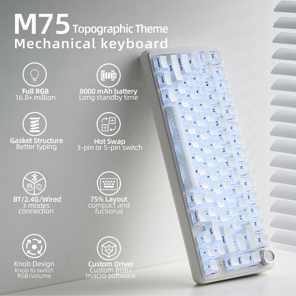 XVX M75 Contour Line Mechanical Keyboard สีขาว Full RGB Backlight การเชื่อมต่อแบบ Triple-Mode (แบบมี