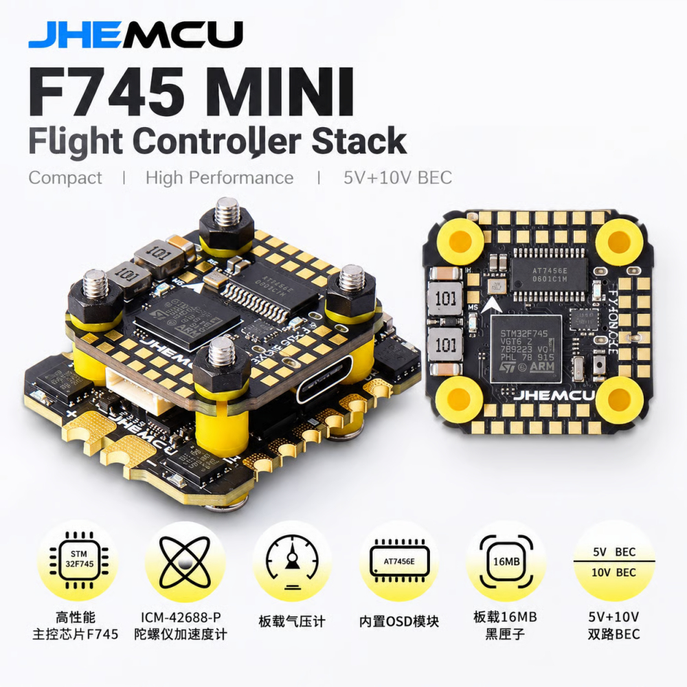 JHEMCU F745 Mini Flight Controller Stack, 45A/60A AM32 4in1 ESC พร้อม ICM42688P, รองรับ 3-6S สําหรับ