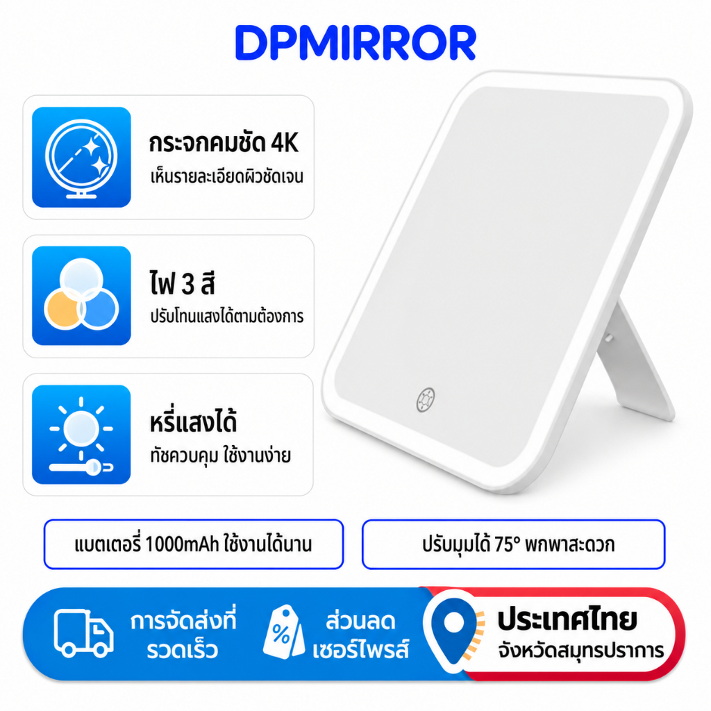 DPMIRROR เดสก์ท็อปแต่งหน้ากระจก SM398-SL การปรับสามสีสมาร์ท Touch Control ไฟ Led กระจกสําหรับ Home T