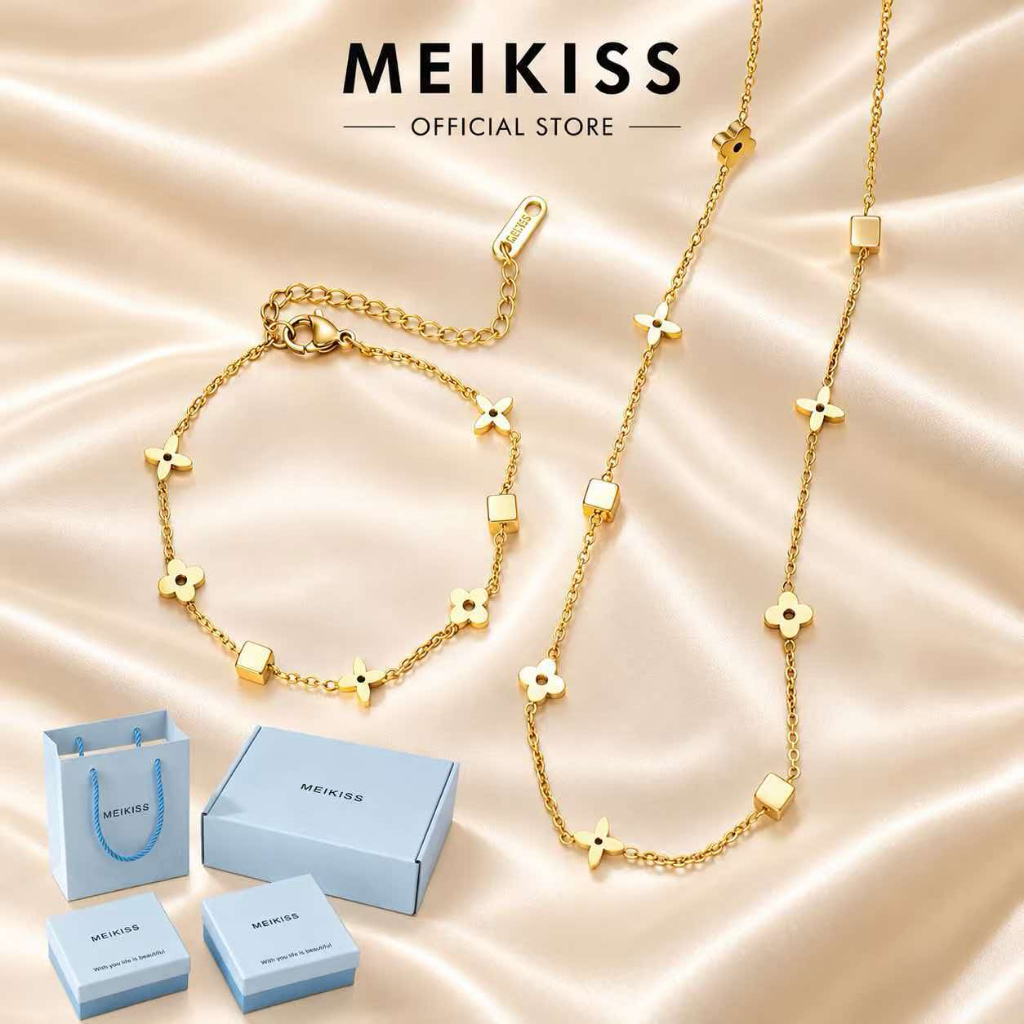 MEIKISS เซตสร้อยคอ+กำไล ลายดอกโคลเวอร์นำโชค ไทเทเนียมสตีลสีทอง ไม่ลอกไม่ดำ พร้อมกล่องของขวัญ