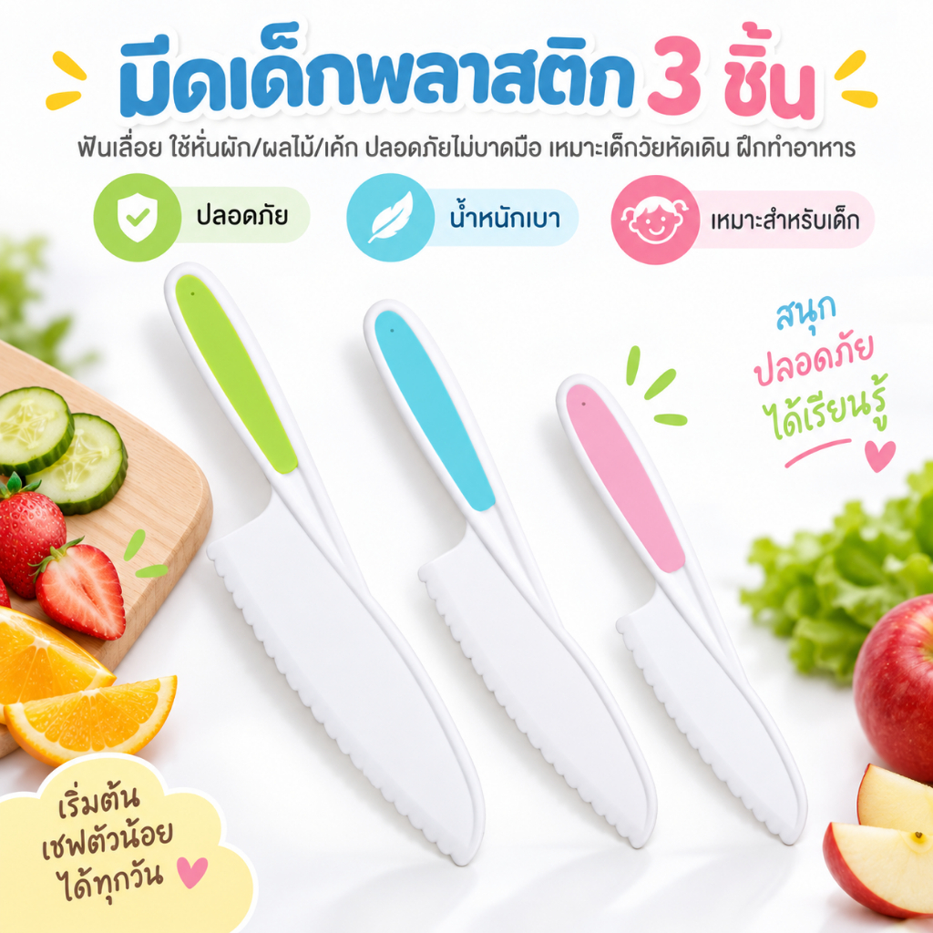 【พร้อมส่ง】มีดเด็กพลาสติก 3ชิ้น ฟันเลื่อย ใช้หั่นผัก/ผลไม้/เค้ก ปลอดภัยไม่บาดมือ เหมาะเด็กวัยหัดเดิน ฝึกทำอาหาร