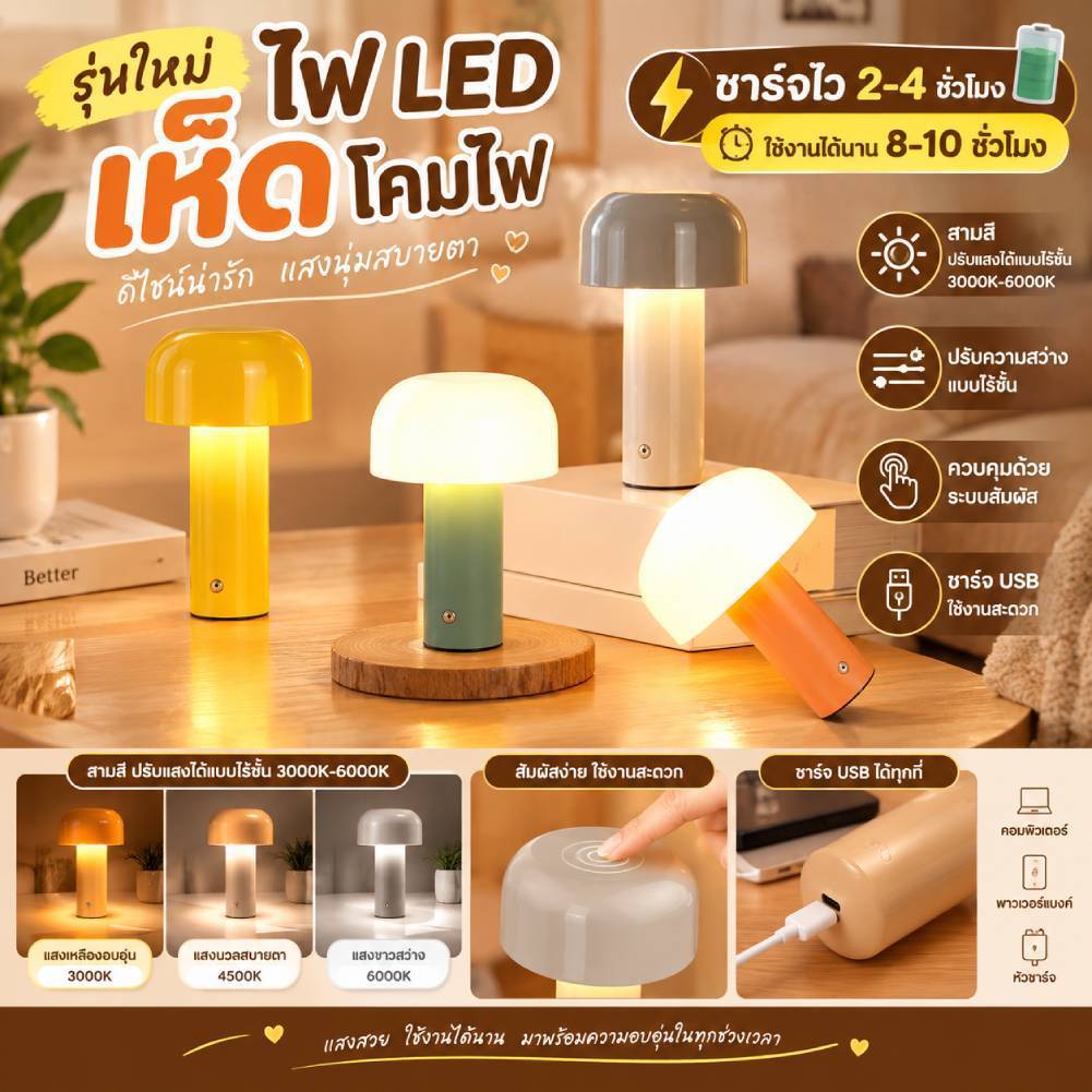 โคมไฟเห็ด LED ใหม่ 3 สีDimming สัมผัสปรับแสง USB ชาร์จ ได้ Night Light สำหรับบาร์+ร้านอาหาร+ห้องนอน
