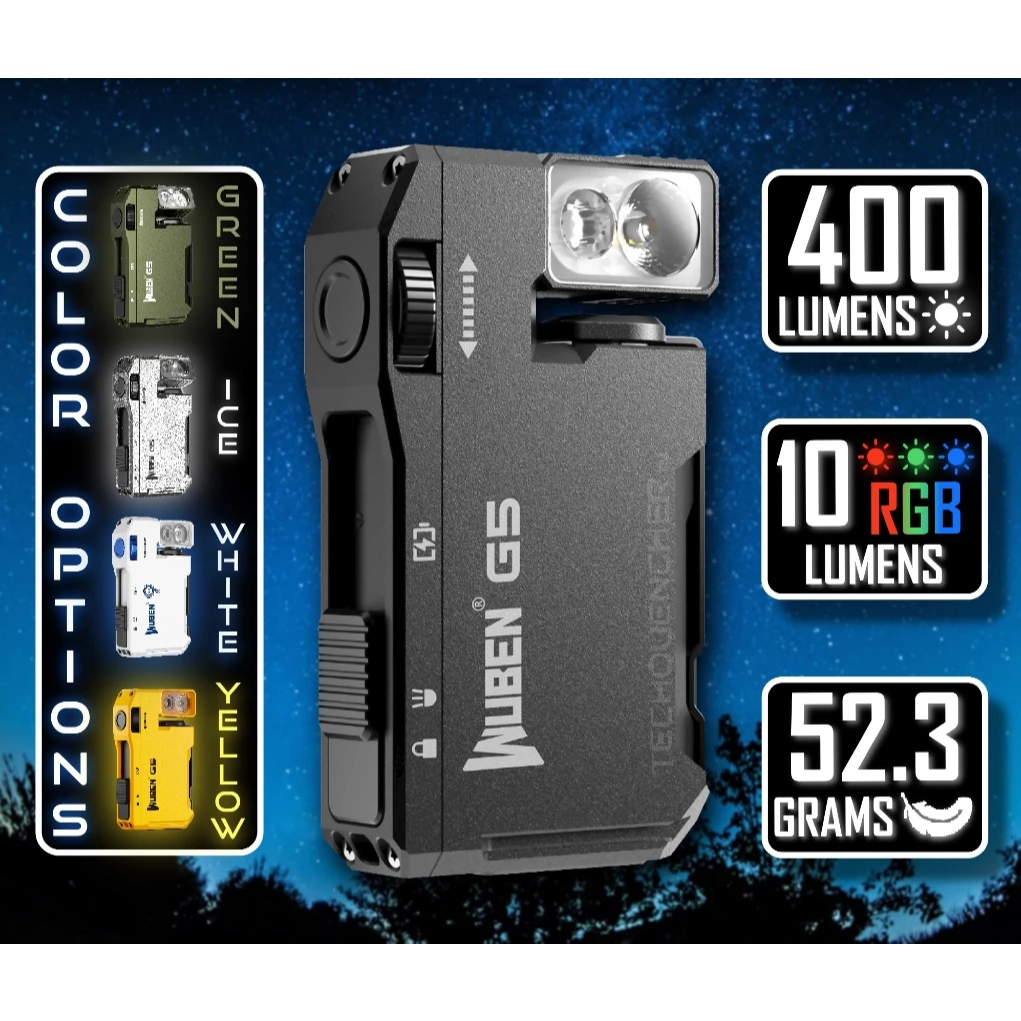 WUBEN G5 EDC ไฟฉาย 400Lumens RGB และสีขาว Type-C ชาร์จกระเป๋าขนาด Brilliance พวงกุญแจ Bulit-in แบตเต