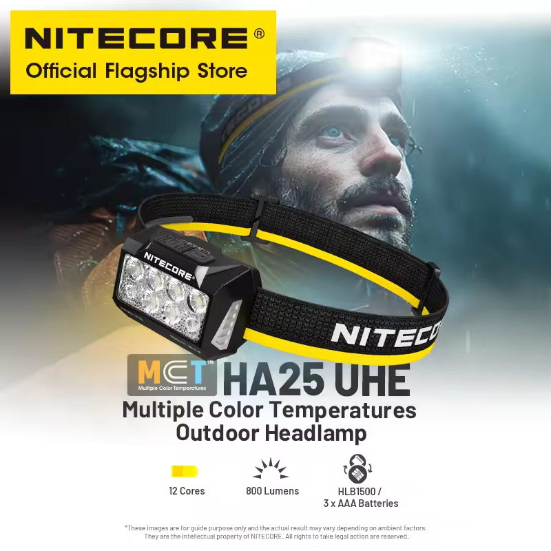Nitecore HA25UHE อุณหภูมิหลายสีไฟหน้ากลางแจ้ง + HLB1500 แบตเตอรี่แบบชาร์จไฟได้น้ําหนักเบา 800 Lumens