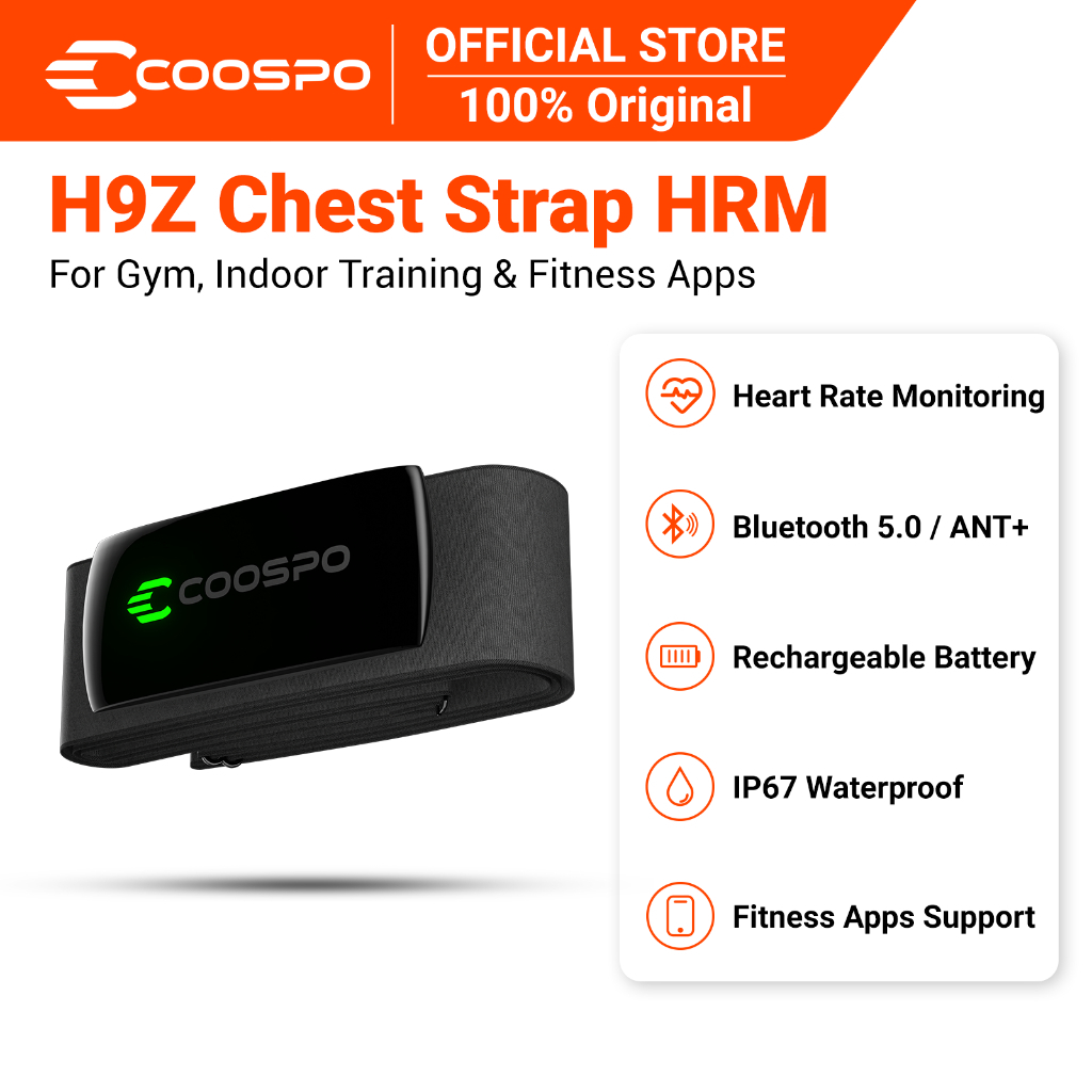 COOSPO  สายรัดวัดอัตราการเต้นหัวใจ  H9Z ชาร์จได้ บลูทูธ 5.0 ANT+ กันน้ำ IP67 สำหรับออกกำลังกายยิม ฝึ