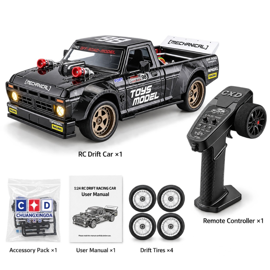 CXD2401 1:24 4WD RC Drift รถ Ford F-50, Full Proportional Gyro รีโมทคอนโทรลรถแข่งพร้อมไฟ LED,ชาร์จคว