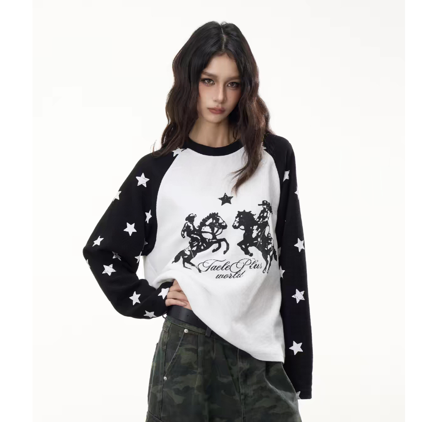 TLHGQ เสื้อยืดแขนยาว American Street Waffle แขนยาวสําหรับผู้ชายและผู้หญิง