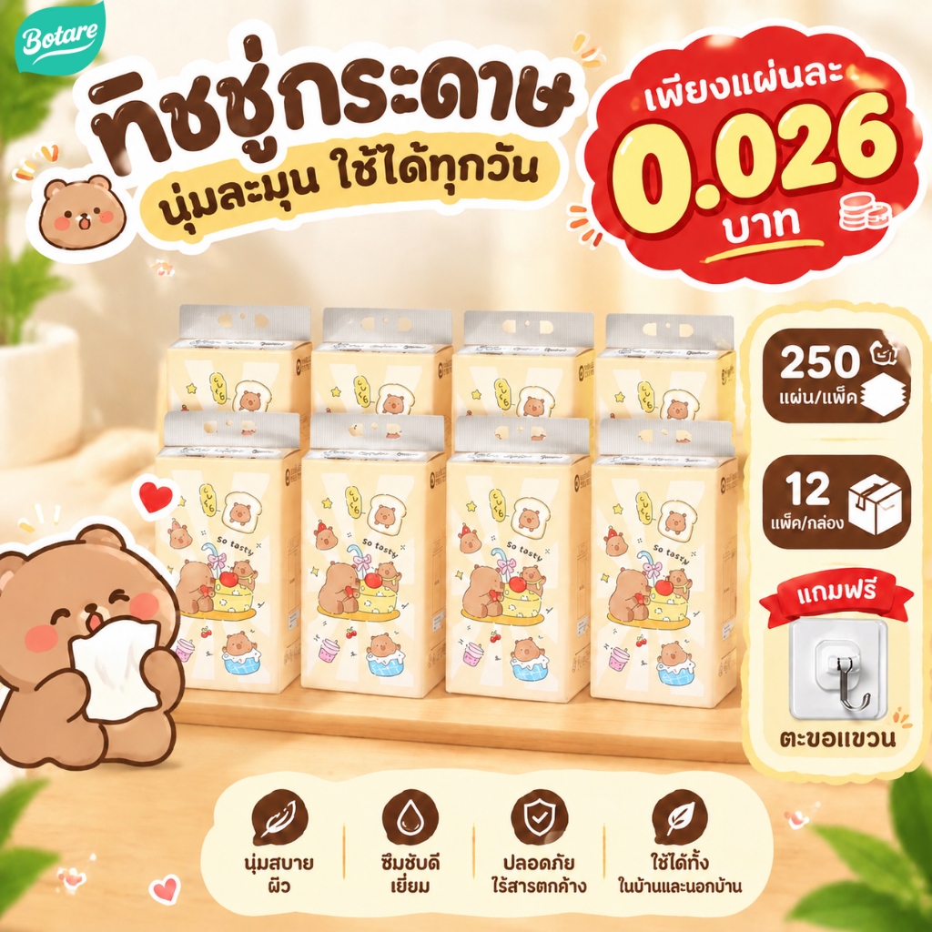 【12 แพ็ค】Botare ที่ใส่ทิชชู่แบบแขวน กระดาษครัวในครัวเรือน กระดาษชําระ นุ่มและไม่แตกง่าย ผ้าเช็ดหน้าเปียก