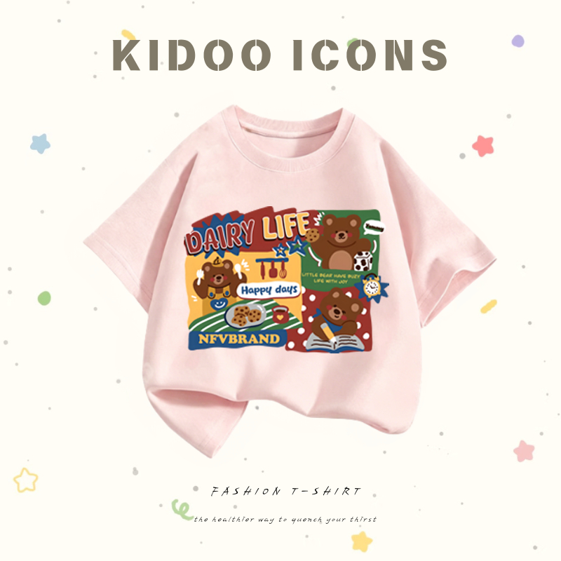KIDOO ICONS เสื้อยืดเด็กคอกลม ผ้าฝ้ายแท้ 100% ลายหมีน่ารัก แขนสั้น สไตล์เกาหลี #A01+6178