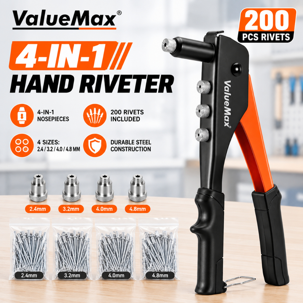 Valuemax คีมย้ำรีเวท 10 นิ้ว แถมฟรี 200 ตัว ยิงลูกรีเวท ลูกยิงรีเวท อลูมิเนียม เหล็ก คีมตอกหมุดมือ จับสบายมือ เครื่องมือตอกหมุดมือ ปืนตอกหมุดมือ