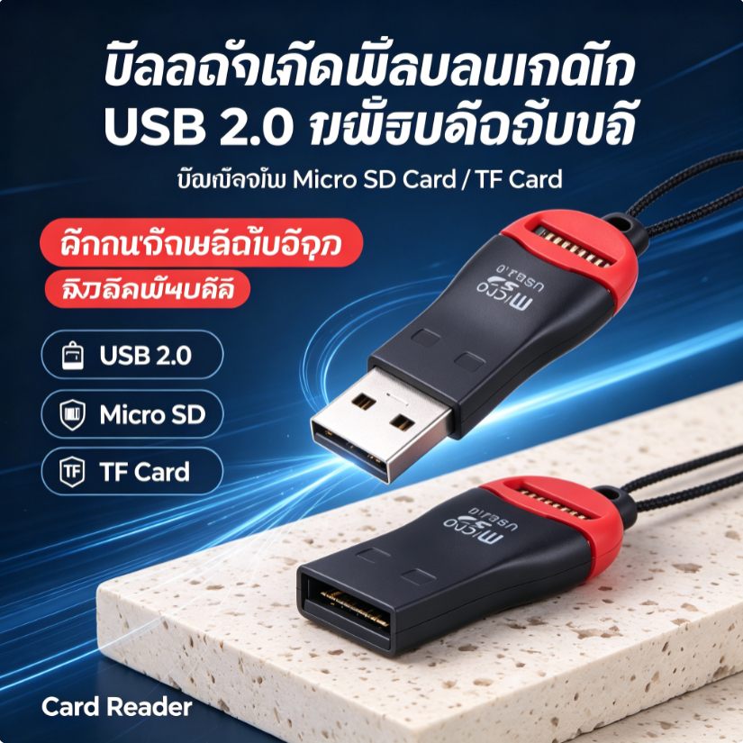 การ์ดรีดเดอร์ USB 2.0 ตัวเล็กจิ๋ว สำหรับ Micro SD Card / TF Card พร้อมสายคล้องพกพาสะดวก (Card Reader)