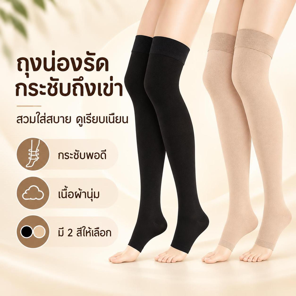 ถุงน่องกดความดันสูงสำหรับต้นขาด้านบน เปิดนิ้วเท้า แก้ไขปัญหาเส้นเลือดขอด