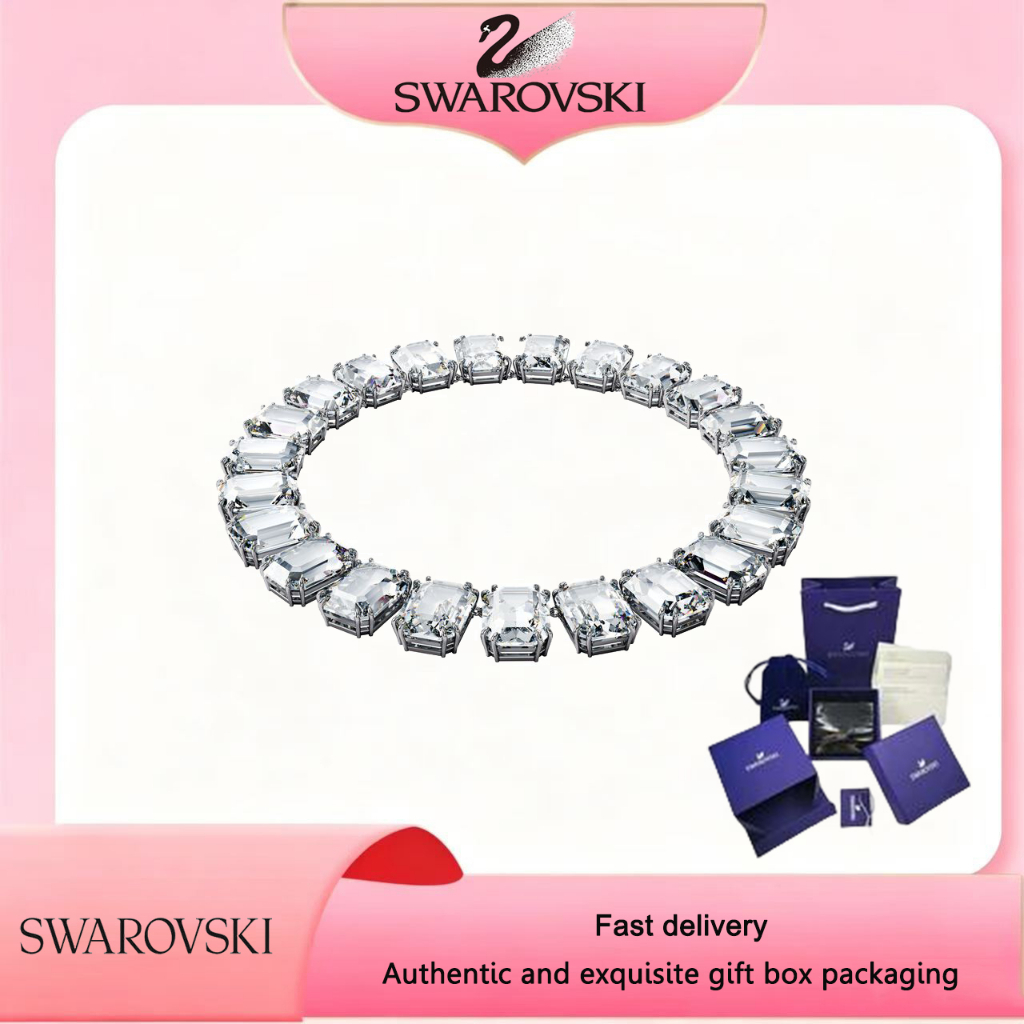 Swarovski (ใหม่) สร้อยคอแฟชั่นผู้หญิง S925 เงินสเตอร์ลิงคริสตัลเลียนแบบขนาดใหญ่แปดเหลี่ยมตัดคริสตัลสีขาวอัญมณี Millenia สร้อยคอของขวัญวันวาเลนไทน์ Birthd