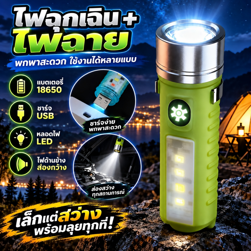 089 ไฟฉาย LED แรงสูง ซูมได้ ไฟฉายอเนกประสงค์ พกพา ชาร์จ USB ไฟด้านข้าง 4 สี แม่เหล็กแรงสูง ไฟฉุกเฉิน โปรล้างสต๊อก