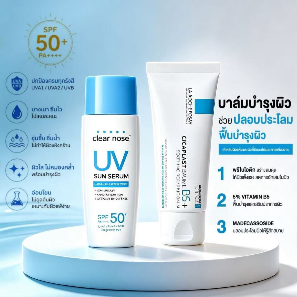 Clear Nose UV Sun Serum SPF50+ PA++++ 80ml & La R0che-Posay Cicaplast B5+ Soothing Balm 100ml - ป้องกันสารส้มและแดดเผา / ซ่อมแซมเกราะป้องกันผิว / ให้ความชุ่มชื้นแก่ผิว