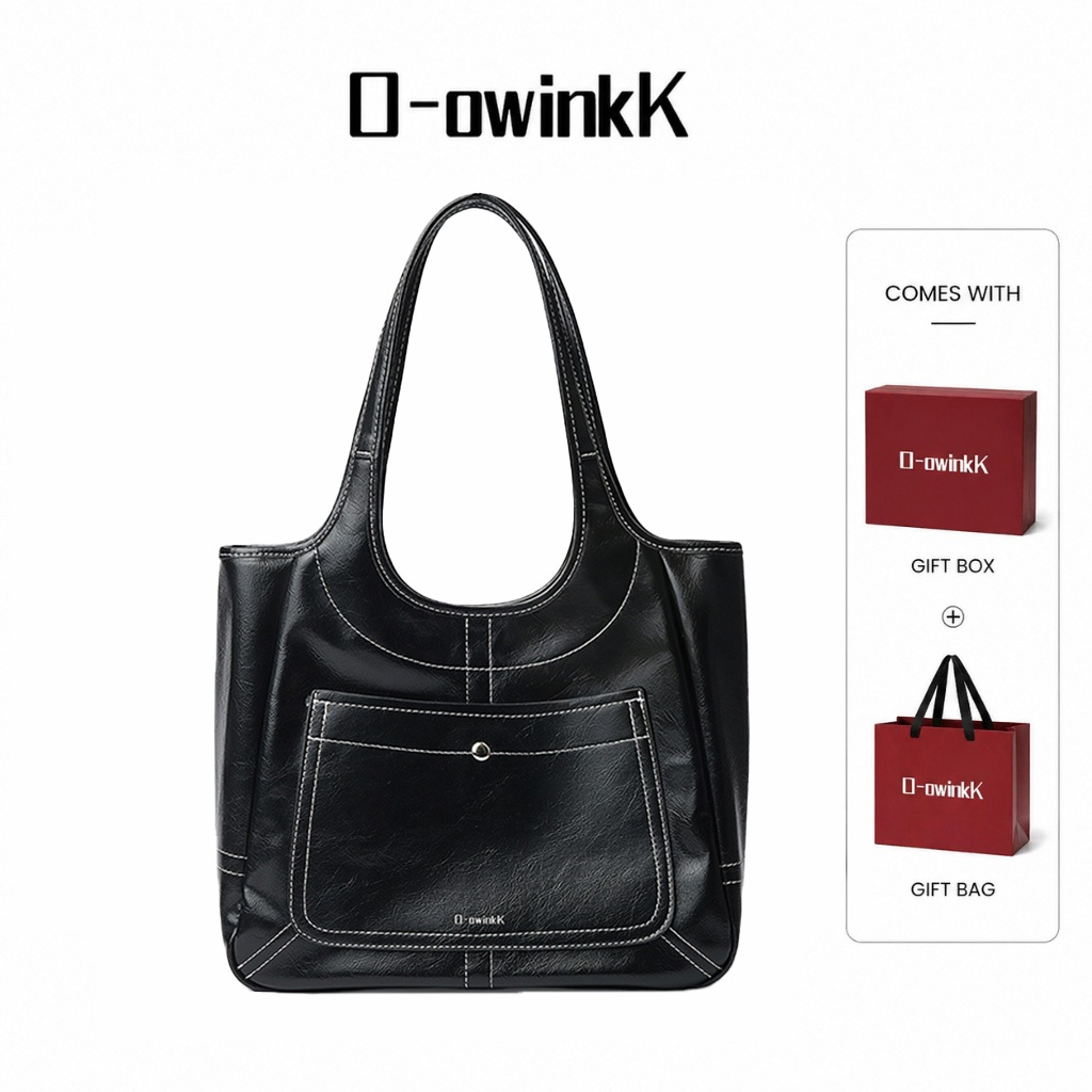 O‑owinkK กระเป๋าโท้ท PU นุ่ม กระเป๋าหน้าด้ายเย็บสีตัดกัน สะพายไหล่ ความจุมาก