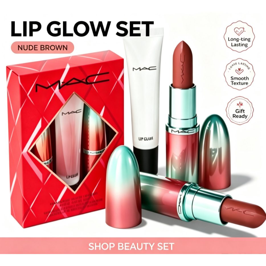 MAC Gradient Case Lip Gift Set, Nude Brown Matte Lipstick + Lipglass Kit, Long Lasting Lip Makeup Ho
