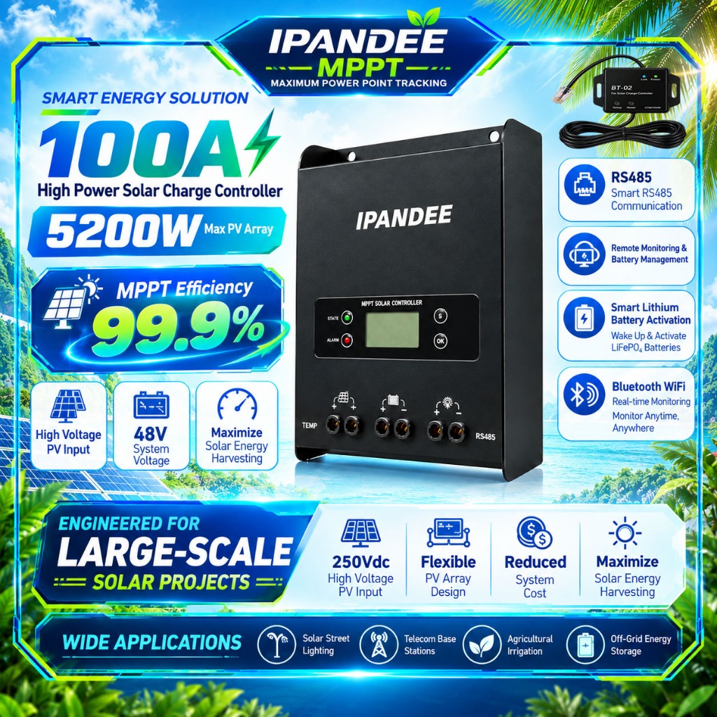 100A MPPT ตัวควบคุมการชาร์จพลังงานแสงอาทิตย์ 12V 24V 36V 48V RS485 การตรวจสอบแบตเตอรี่ลิเธียมเปิดใช้งาน