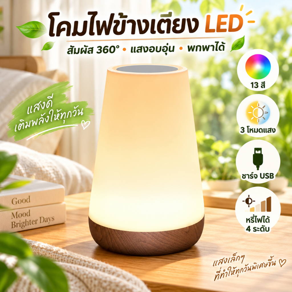โคมไฟตั้งโต๊ะ RGB ลายไม้คลาสสิก สัมผัสไฟกลางคืน โคมไฟตั้งโต๊ะห้องนอน ชาร์จ ยูเอสบี รีโมทคอนโทรล หรี่แสงได้ 13 สี พร้อมโคมไฟรีโมทคอนโท