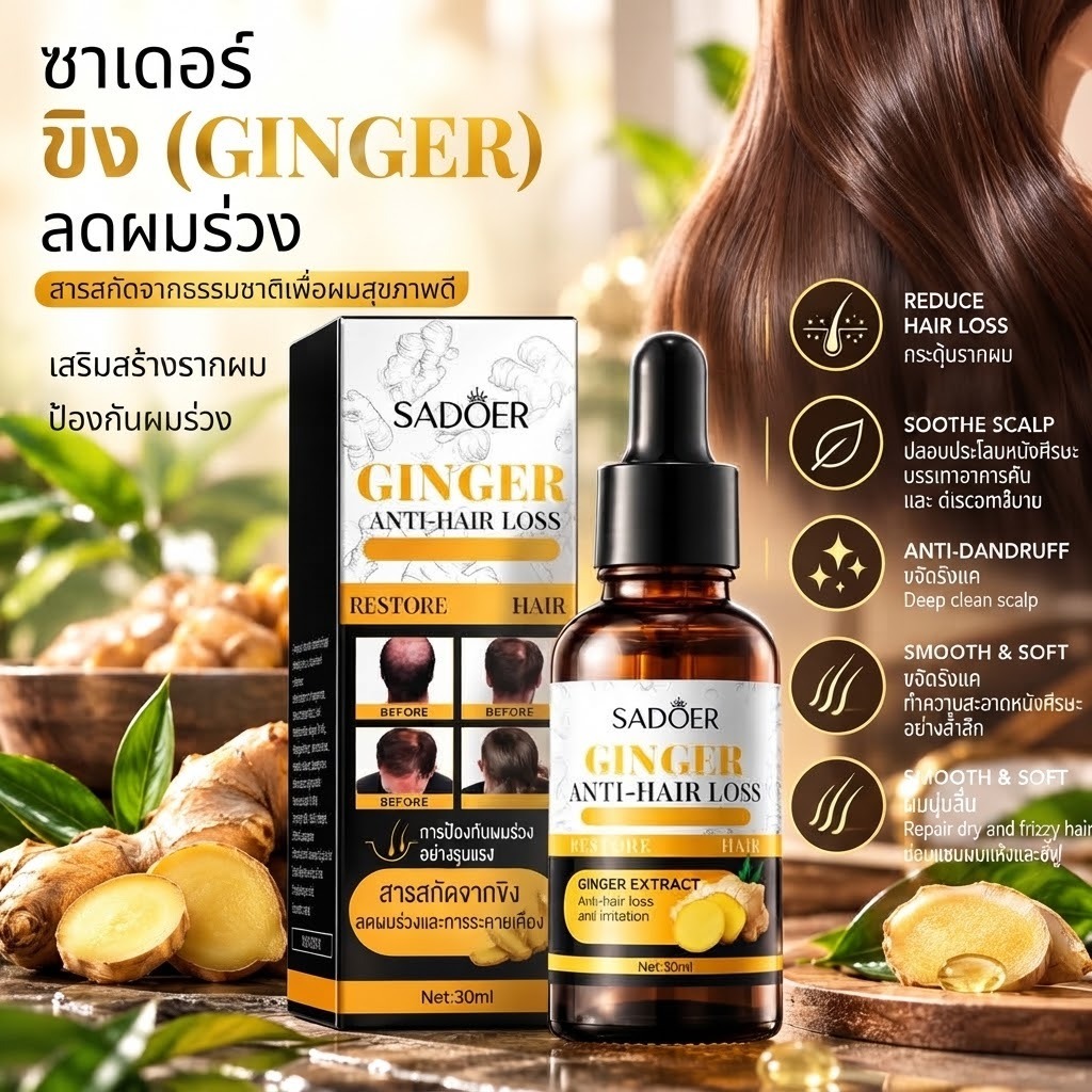 SADOER Ginger Hair Essence Refreshing Pliable Nutrition Hair Care Ginger Hair Growth Serum Hair Nour