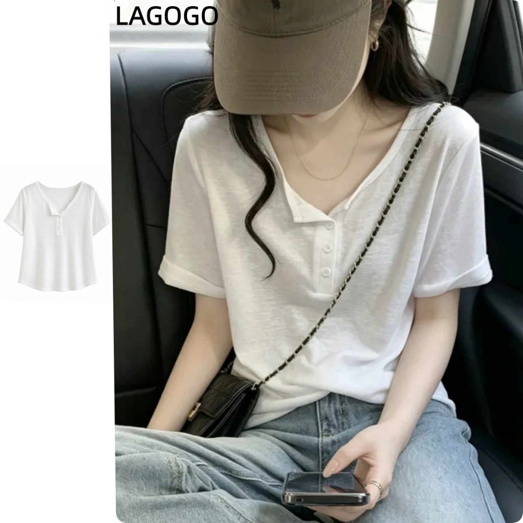 สีขาวสไตล์ขี้เกียจหลวมแขนสั้นเสื้อยืดผู้หญิงฤดูร้อนสไตล์ใหม่ขนาดใหญ่ของแท้ไหล่ออกแบบลําลองด้านบน