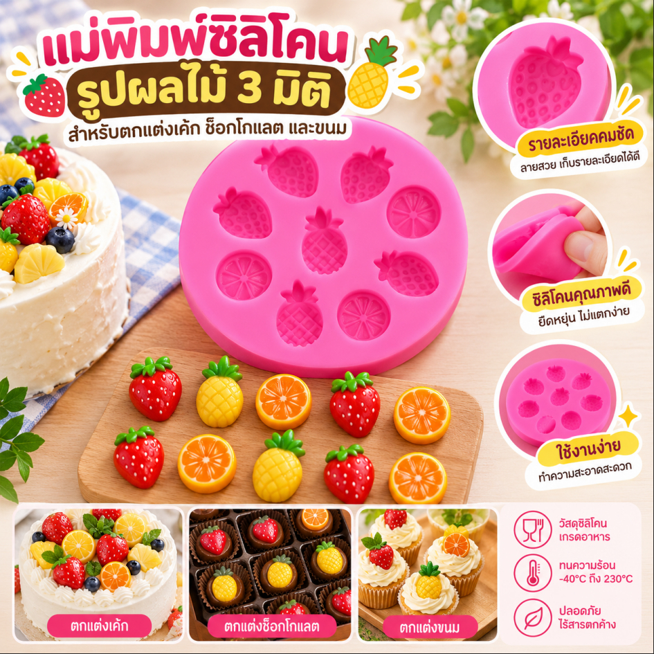 Pure-t แม่พิมพ์ซิลิโคนผลไม้สําหรับตกแต่งเค้ก 3D ผลไม้ช็อกโกแลต Fondant ตกแต่งแม่พิมพ์ Candy Jelly Gummies สบู่แม่พิมพ์ COD