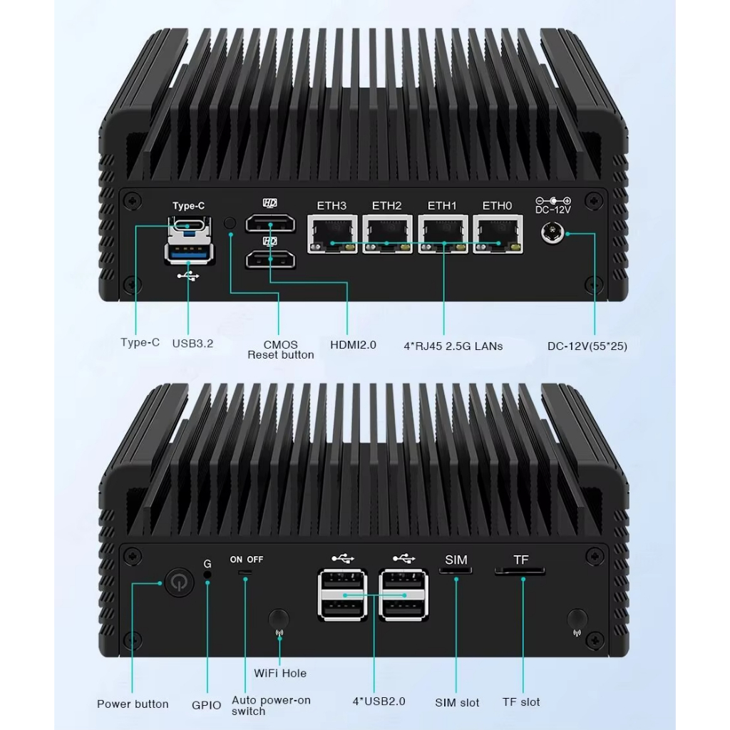 Fanless Firewall Mini PC Intel Core i3 N305 N150 N95 4xi226-v 2.5G LANs DDR5 NVMe มินิคอมพิวเตอร์ so