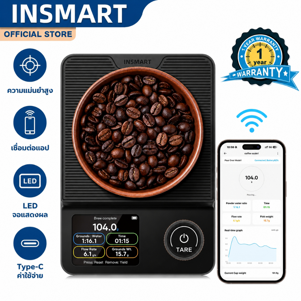 INSMART เครื่องชั่งในครัว เครื่องชั่งกาแฟดิจิตอล 5 หน่วย เชื่อมต่อแอปได้ ความแม่นยำสูง Type-Cชาร์จ