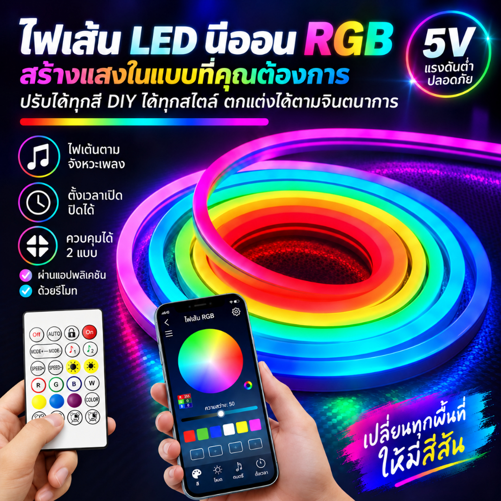 แถบไฟนีออน RGB LED 5V อัจฉริยะ ควบคุมผ่านบลูทูธแอป แสงสีแฟนตาซี เอฟเฟกต์ไหลแบบสายรุ้ง ความยาว 5 เมตร IP65
