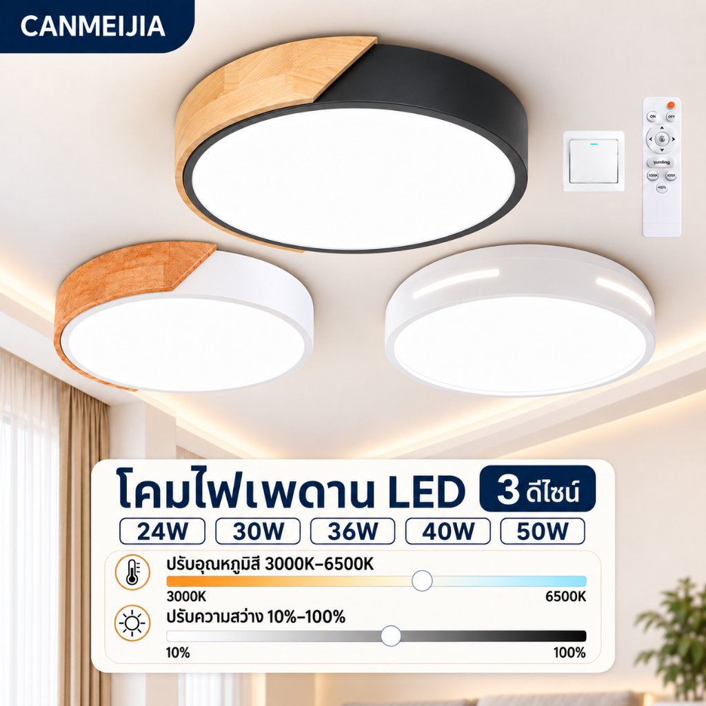 กรอบโลหะ โคมไฟเพดาน LED โมเดิร์น ทรงกลม รีโมทคอนโทรล ปรับสีแสง 3 สี 24W30W36W40W50W ปรับความสว่างได้ โคมไฟห้องนอน ห้องนั่งเล่น