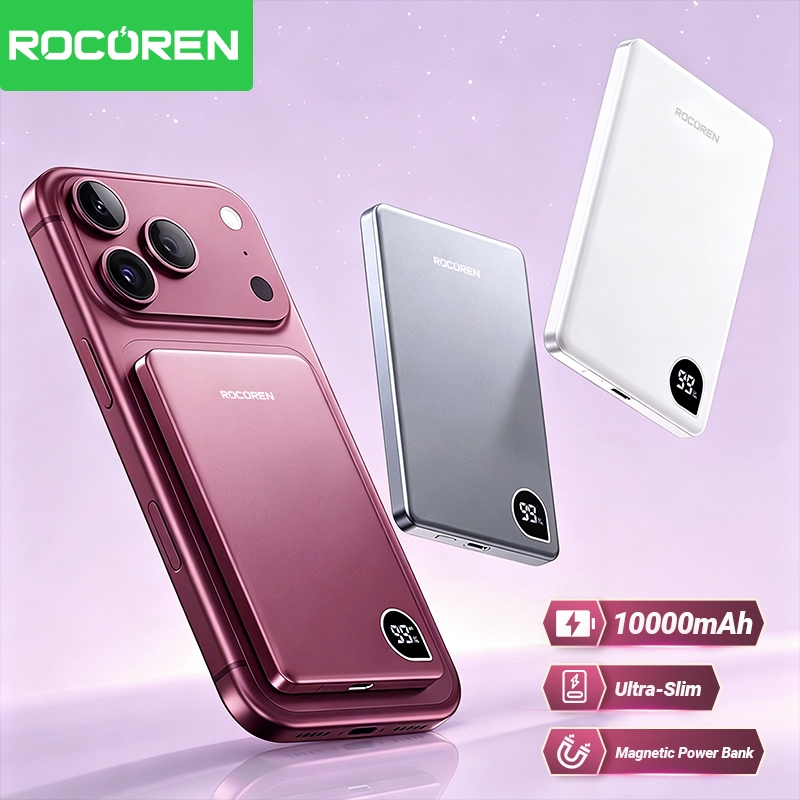 Rocoren Magnetic Wireless Power Bank 10000mAh จอแสดงผลดิจิตอล Powerbank 5000mAh Ultra Thin แบบพกพา Wireless Charger แบตเตอรี่สําหรับ iPhone 18 17 Pro Max