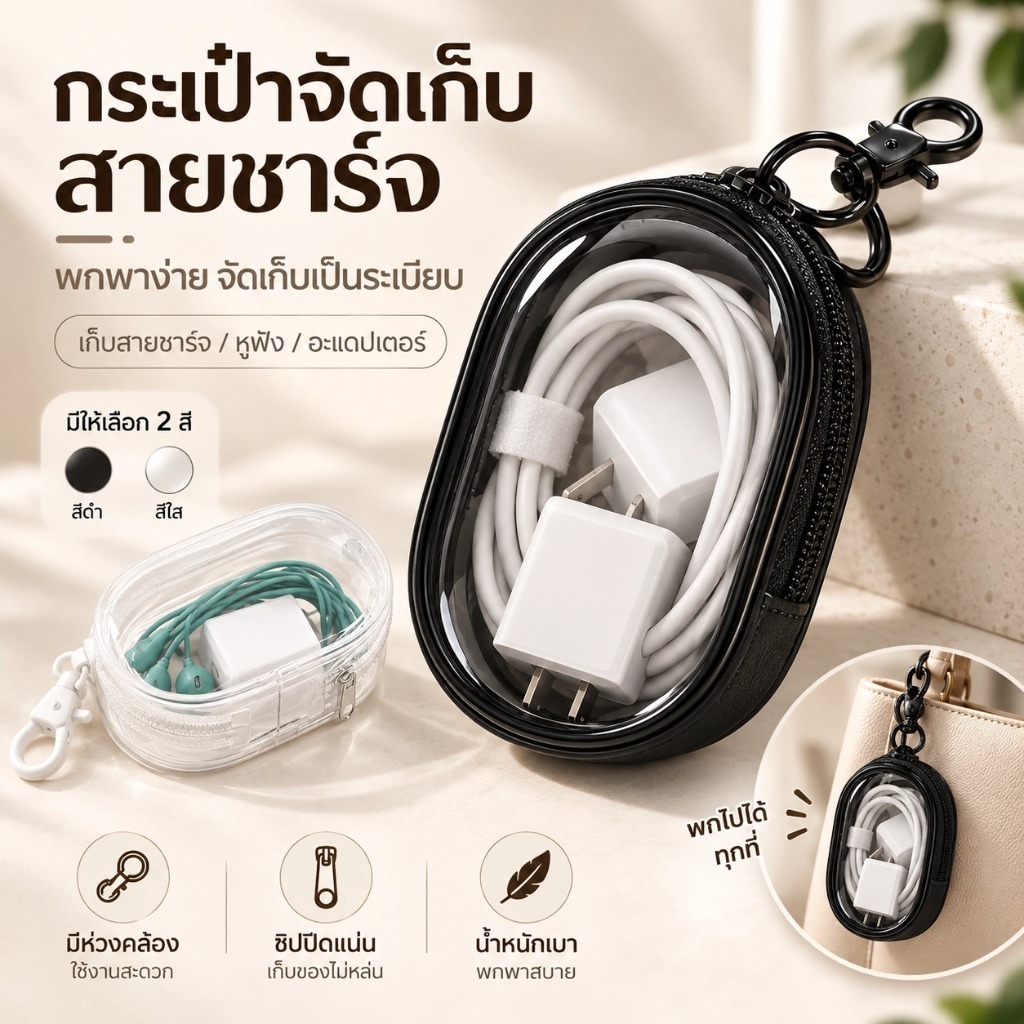 กระเป๋าเก็บสายชาร์จ กระเป๋าจัดระเบียบอุปกรณ์ไอที ใส่สายชาร์จ หูฟัง อะแดปเตอร์ แบบพกพา มีซิปและห่วงคล้อง ME202