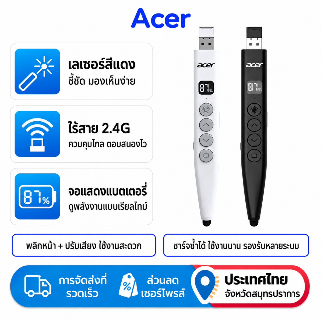 Acer Wireless Presentation Clicker F101 ความสว่างสูงแสงสีแดงรีโมทคอนโทรลหลายระบบความเข้ากันได้สําหรับการสอนสํานักงาน