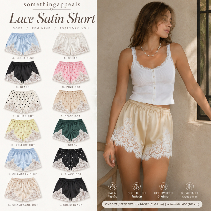 กางเกงขาสั้นผ้าซาติน LACE SATIN SHORTS แต่งลูกไม้ขอบ เอวยางยืดสไตล์หวาน 14สี