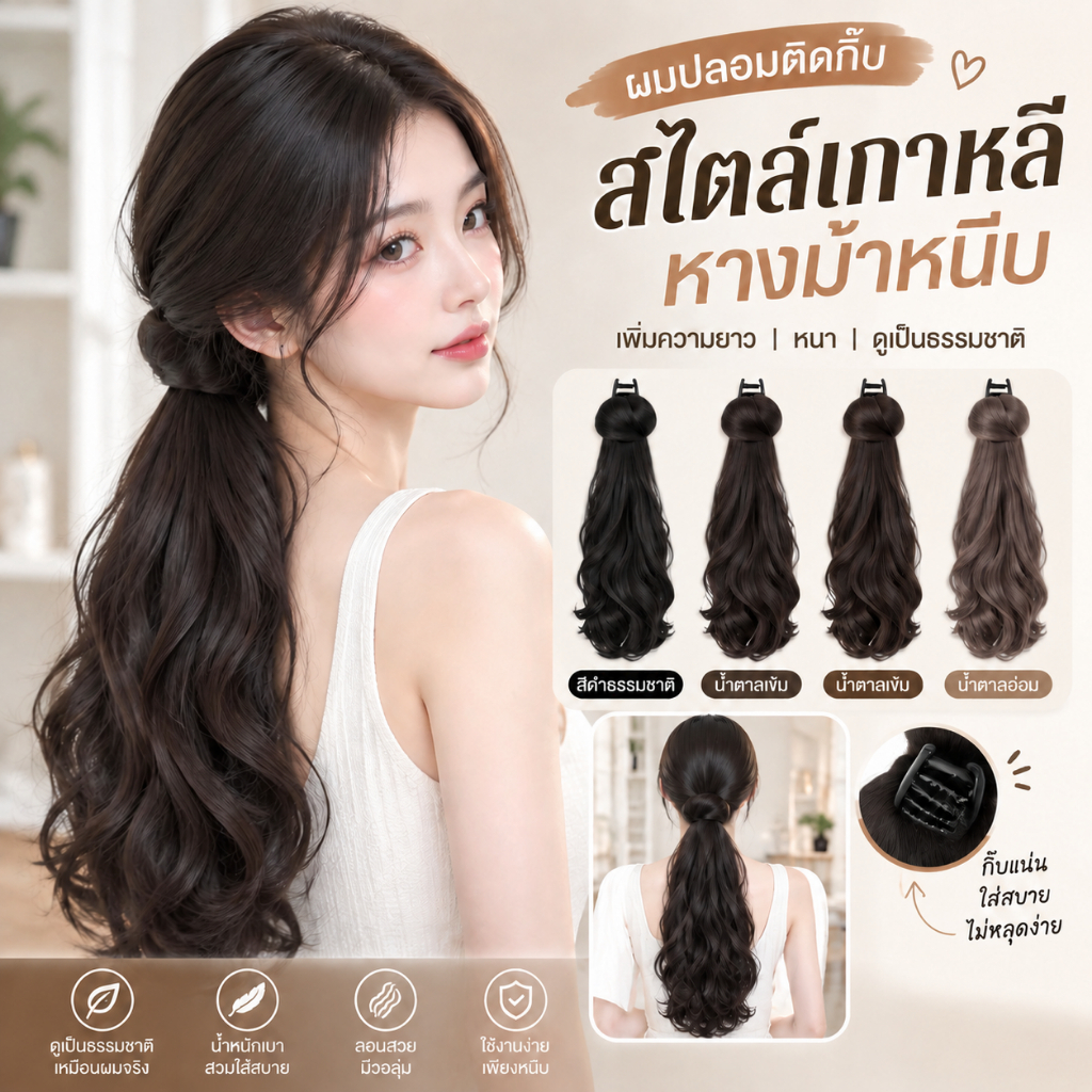 45ซม วิกผมหางม้า ผมหยิกยาว ต่อผม วิกผมสําหรับผู้หญิง กราเอสพี และคลิปหางม้า วิกสังเคราะห์ ขี้เกียจจัดแต่งทรงที่หนีบผม