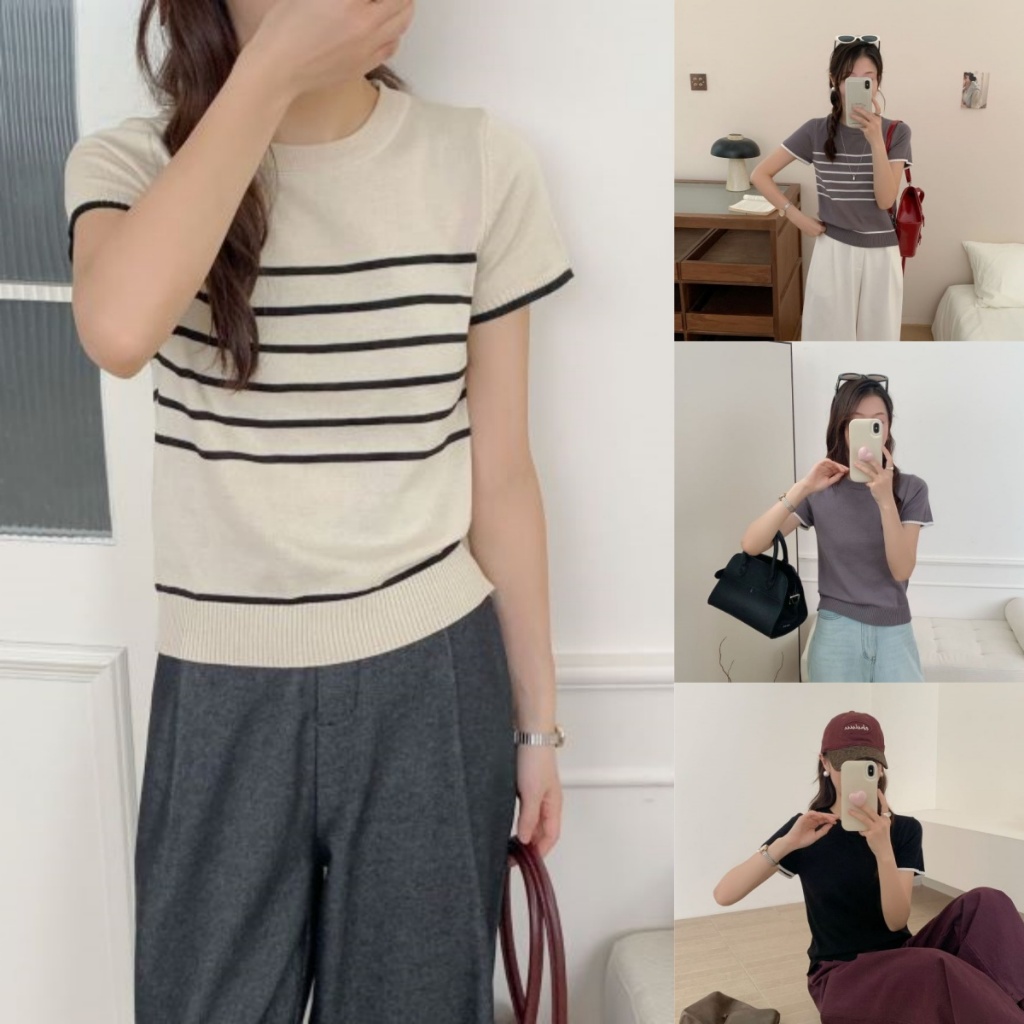 เสื้อไหมพรมแขนสั้น ลายทาง สไตล์เกาหลี ผ้าบางใส่ในห้องแอร์ ทรงสวย แมทช์ง่าย