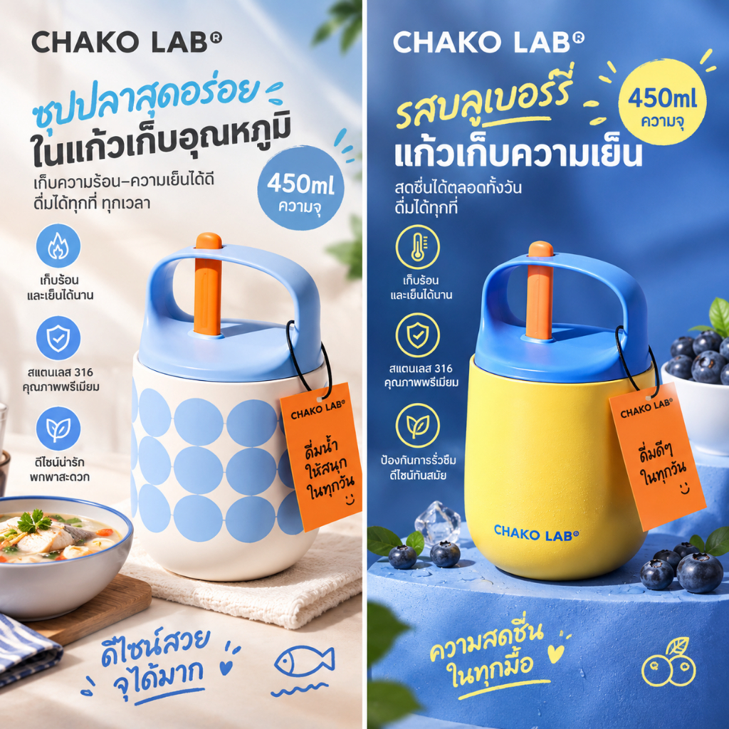 ถ้วยเก็บความร้อนอาหารเช้า Chakolab แบบพกพา สแตนเลสคุณภาพสูง พร้อมฝาปิด ความจุขนาดใหญ่