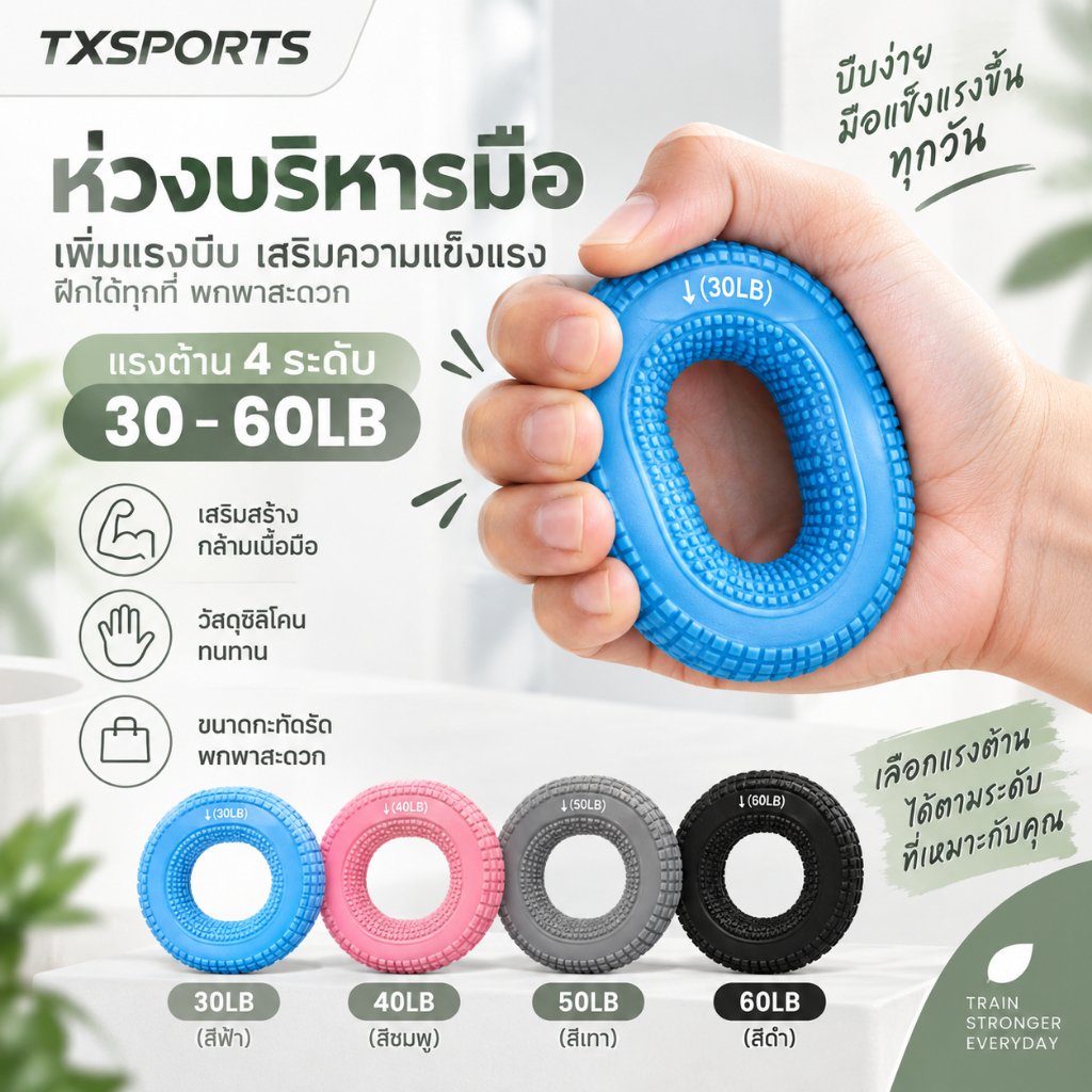TXSPORTS ห่วงบริหารมือ 30-60LB อุปกรณ์ฝึกแรงบีบมือ บริหารนิ้วมือและข้อมือ เสริมความแข็งแรง พกพาสะดวก